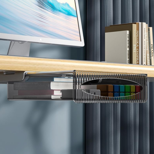 Boîte de rangement à tiroir auto-adhésive sous table – tiroir caché de grande capacité pour bureau, armoire ou organisation d’espace